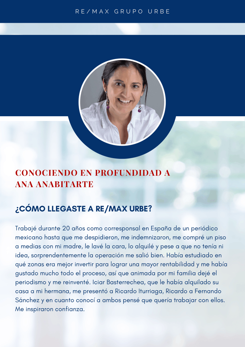 RemaxUrbe1's tweet photo. #Entrevista 📝👩 ~ Ana Anabitarte, #agente #asociada de @enviro_remax, y muy querida compañera, nos cuenta su #historia, #inicios en el #sector, #trayectoria #profesional, balance y proyección. Gracias por compartir tu #experiencia con nosotros ✨ https://t.co/frC1JmK6qP