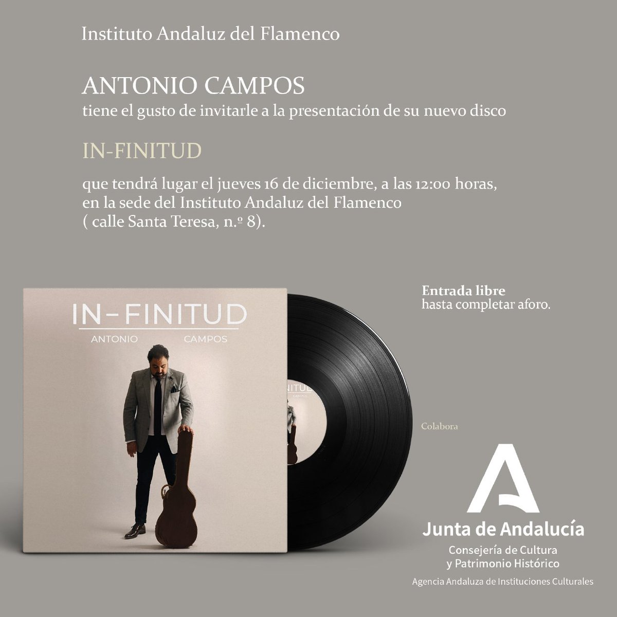 UFlamenca's tweet photo. Nuestra más sincera enhorabuena a nuestro secretario, Antonio Campos, que ha presentado hoy su disco #InFinitud en la sede del #InstitutoAndaluzDeFlamenco. https://t.co/nkJg0j69Pt