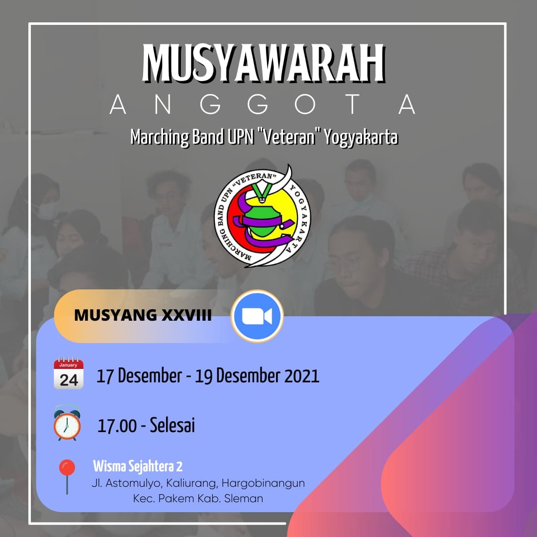[MUSYANG XXVIII]
Musyawarah Anggota XXVIII Tahun 2021 akan dilaksanakan pada :

📆 Jumat-Sabtu, 17-19 Desember 2021
⏰ 19.00 - Selesai
📍Wisma Sejahtera 2
Jl. Astomulyo, Kaliurang, Hargobinangun, Kec. Pakem, Kabupaten Sleman.

Daring : via Zoom

CP (Whatsapp):
Ajeng 081228452125