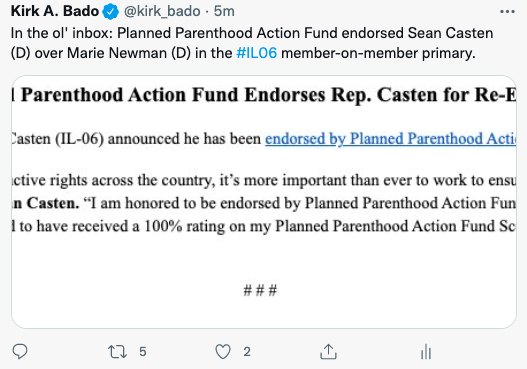 kirk_bado's tweet photo. Quick fix and delating this tweet because this Casten release left out a crucial detail: Planned Parenthood Action Fund endorsed BOTH Casten and Newman in #IL06 https://t.co/WWlkaIQ0iy