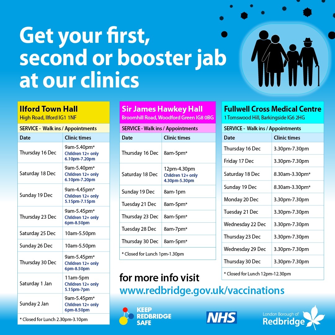 RedbridgeLive's tweet photo. Get your first, second or booster dose of the COVID-19 vaccine at one of our clinics in Redbridge:
📍Ilford Town Hall, Ilford, IG1 1DD
📍Sir James Hawkey Hall, Woodford Green, IG8 0BG
📍Fullwell Cross Medical Centre, Barkingside, IG6 2HG
See dates and times below👇 https://t.co/Fhrs2GaaF4