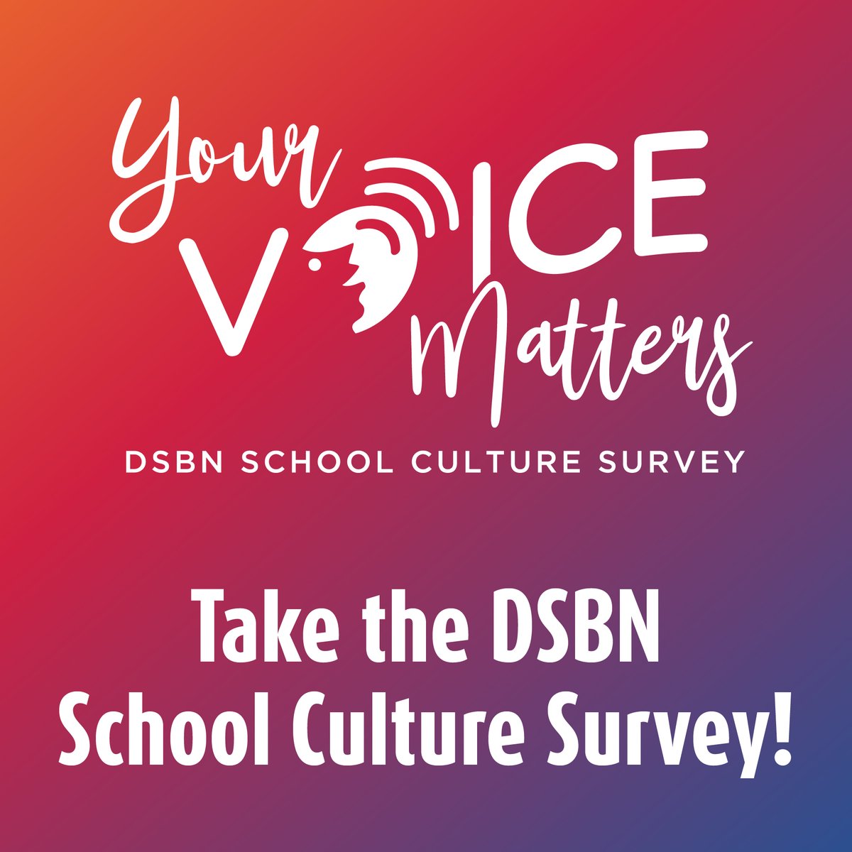 The Secondary School Culture Survey closes on December 22 ⌛️

What you tell us on this survey will have a direct impact on the decisions made at your school. 

📋𝗧𝗮𝗸𝗲 𝘁𝗵𝗲 𝗦𝘂𝗿𝘃𝗲𝘆 𝘁𝗼𝗱𝗮𝘆: dsbn.org/equity/school-…