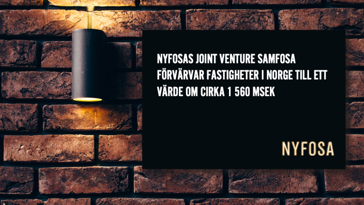 NyfosaAB's tweet photo. Samfosa AS, som ägs till lika delar av Nyfosa AB och Samfunnsbyggeren AS, har förvärvat fastighetsbolaget Bratsberg AS. Förvärvet, som är bolagets första i Norge,  utgör en stark plattform för fortsatt tillväxt i landet.

Läs pressmeddelandet här: https://t.co/YkAnKfyAqF

$NYF https://t.co/zYRutKkNuv