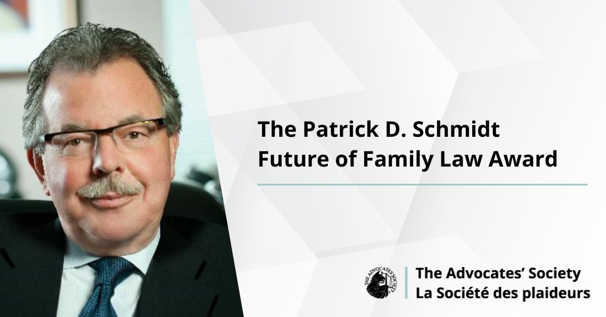 Advocates_Soc's tweet image. We are proud to announce a new award for family law lawyers - The Patrick D. Schmidt Future of Family Law Award will be presented in October 2022 at Fall Forum, to celebrate &amp;amp; support a deserving junior family law practitioner. More information here ow.ly/OIYE50HaLzi