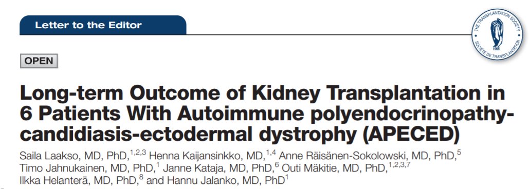 ASPNeph's tweet image. Long-term Outcome of Kidney #Transplantation in 6 Patients With Autoimmune polyendocrinopathy-candidiasis-ectodermal dystrophy (#APECED). @TransplantJrnl 
ow.ly/a5Q050Ha25S