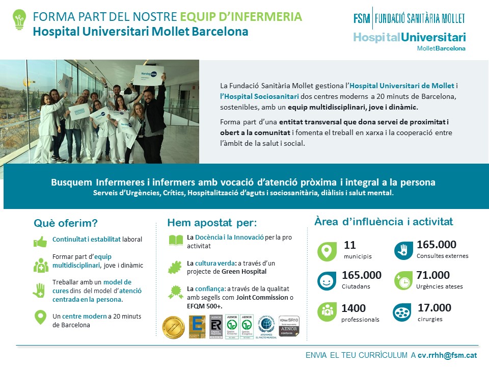 FSM Fundació Sanitària Mollet (@fsmhospital) on Twitter photo Busquem infermeres i infermers amb vocació d'atenció pròxima i integral a la persona per a un projecte professional engrescador, de futur i amb continuïtat.
T'animes?
📨Escriu-nos a cv.rrhh@fsm.cat
#infermeresbcn #infermera #nursingnow #rrhh Busquem infermeres i infermers amb vocació d'atenció pròxima i integral a la persona per a un projecte professional engrescador, de futur i amb continuïtat.
T'animes?
📨Escriu-nos a cv.rrhh@fsm.cat
#infermeresbcn #infermera #nursingnow #rrhh