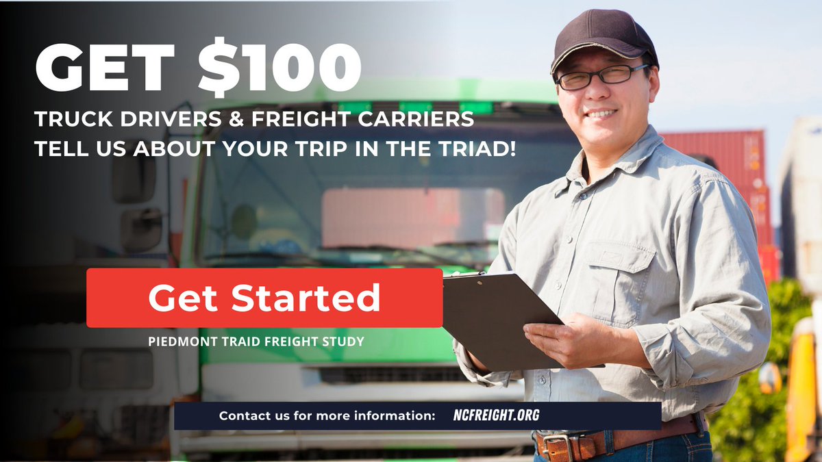 PARTNC's tweet image. Do you drive a truck in the Piedmont area? We want to hear from you! We're offering $100 to drivers that complete the Piedmont Triad Freight Study. Visit ncfreight.org for more!