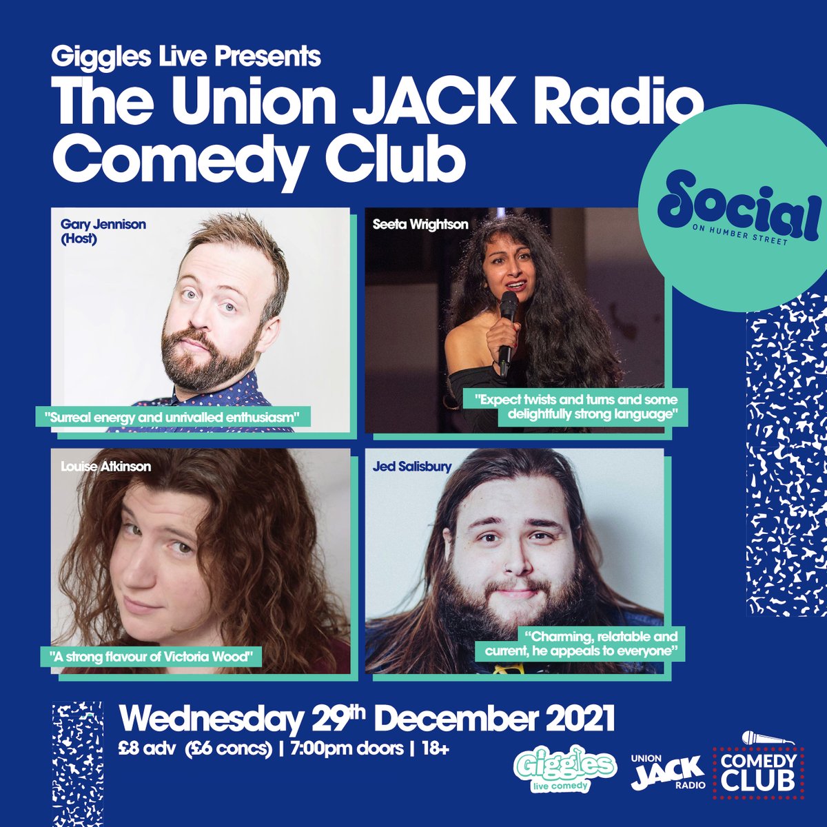 socialhumberst's tweet photo. Turn your 'Ho-Ho-Ho' into a Ha-Ha-Ha' this Christmas with an evening of great stand-up comedy from @Giggleslivehull &amp; @unionjackradio

📅 Wed 29 Dec
🎟️ https://t.co/beJSEUAYG7

@Garyjcomedy, @thebookish1, @_LAtkinson_ and @Jedandbreakfast https://t.co/gz3Nz1InOO
