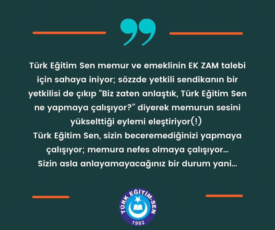 Öğretmenler haftalardır zam isteği yaparken sahada mücadele ederken, sözde yetkili sendikanın yetkisiz makamları tarafından her defasında eylem kırıcılığı yapılması nedendir. Kedi videosu paylaşıp şirin gözüküp like kovalamaya devam sizden bu beklenir
 #ÖğretmenedeYüzde50zam