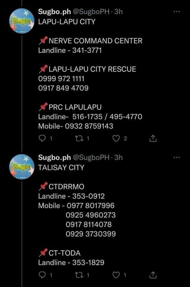 cesseessu's tweet photo. Emergency Hotlines
in case of emergency and you don't have any data left to contact someone and ask for help, kindly search "phtext" on your messenger and follow the steps that they will provide for you to send the message to your contact person.
#OdettePH #RescuePH #Cebu #Bohol https://t.co/b6Vv2zg1qg