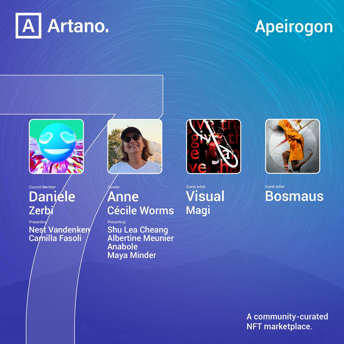 This is the last day of our #Apeirogon journey!

Today's pieces are real treats 🤩 
We'll have quantum-physics, world-renowned movie-makers, CGI and dada art!

Celebratory $ARTA giveaway during our spaces tomorrow @ 16:00 UTC 🎉