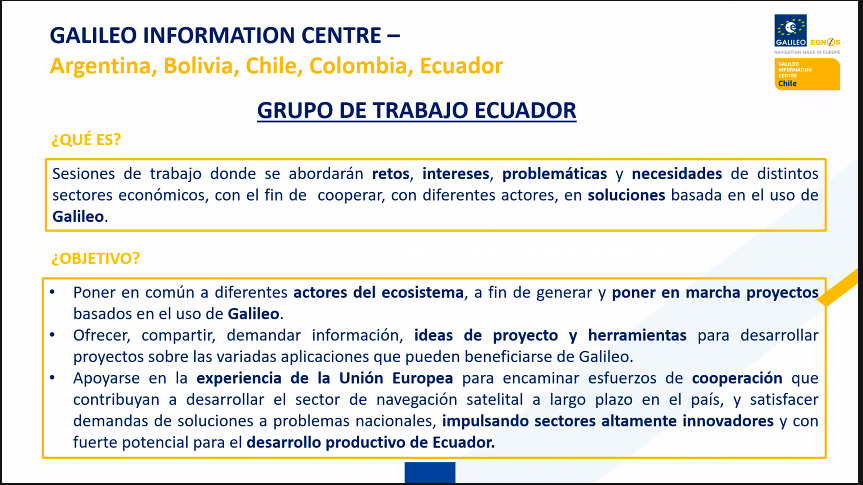 🛰️🇪🇺🇪🇨 Los Grupos de Trabajo son sesiones con  #industria #academia e #instituciones para ver cómo articular un proyecto: #financiación, cooperación #LATAM #UnionEuropea 
👉Próxima sesión: 1ºtrimestre 2022
👉galileoic.cl
<a href="/EU4Space/">🇪🇺 EUSPA - EU Agency for the Space Programme</a> <a href="/defis_eu/">EU Defence and Space</a> <a href="/UEenEcuador/">UE en Ecuador 🇪🇺</a> #GNSS #Galileo