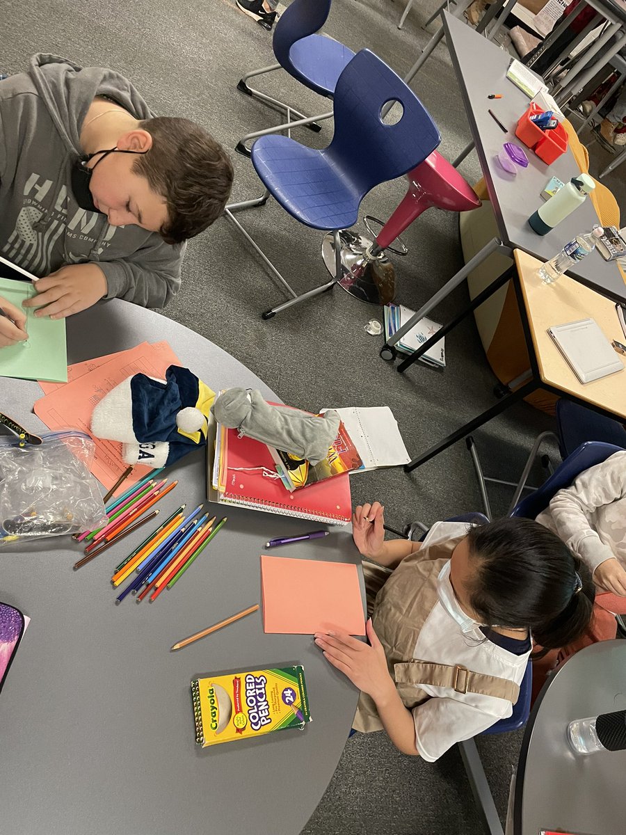 MissGerein6th's tweet photo. Today we are writing Holiday cards to some friends at Saline Senior Center! The Gere crew is working hard to spread some holiday cheer. #SMSCompass @MiddleSaline https://t.co/sRL0v9fdIJ