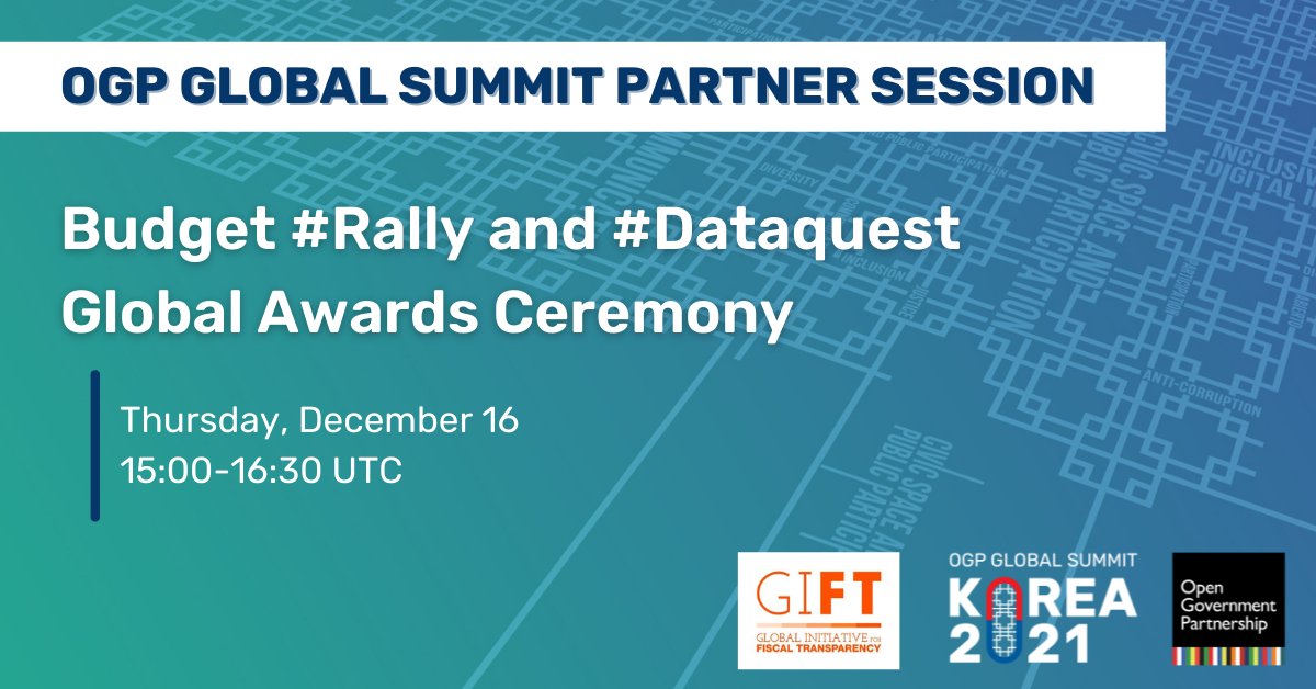 FiscalTrans's tweet photo. NOW: We are excited to host the Global Awarding Ceremony for our Budget #Rally & #Dataquests during
@opengovpart ’s #OGPSummit. Hear about how fiscal open data was used in diff countries, including leveraging these info to achieve #SDGs.
Join us 👇:
https://t.co/Z84OVeJop3 https://t.co/Qov2URTf7u