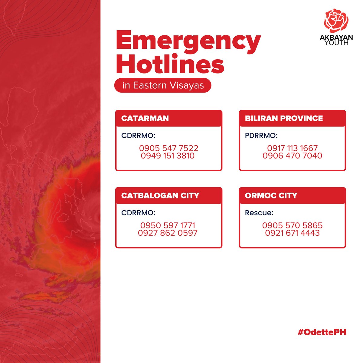 Akbayan_Youth's tweet photo. Kasalukuyang sinasalanta ng bagyong #OdettePH ang malaking bahagi ng Visayas at parte ng Mindanao. Magtulungan tayo! I-share, i-save, o iforward itong mga emergency numbers para sa mga nasalanta ng #OdettePH 

Ingat, mga kasama! 🌹 https://t.co/Y81HVyAxlI