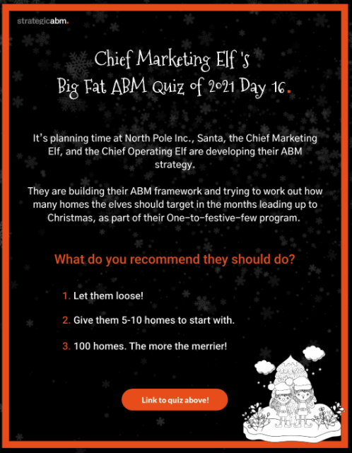 🎅Ho Ho Ho! It's day 16 of the Chief Marketing Elf’s Big Fat #ABM Quiz  - be sure to open door 16 and answer the question to be in with a chance to win some great prizes. 🎅 hubs.la/Q010cM9C0  #accountbasedmarketing #ABMQuiz #B2BMarketing