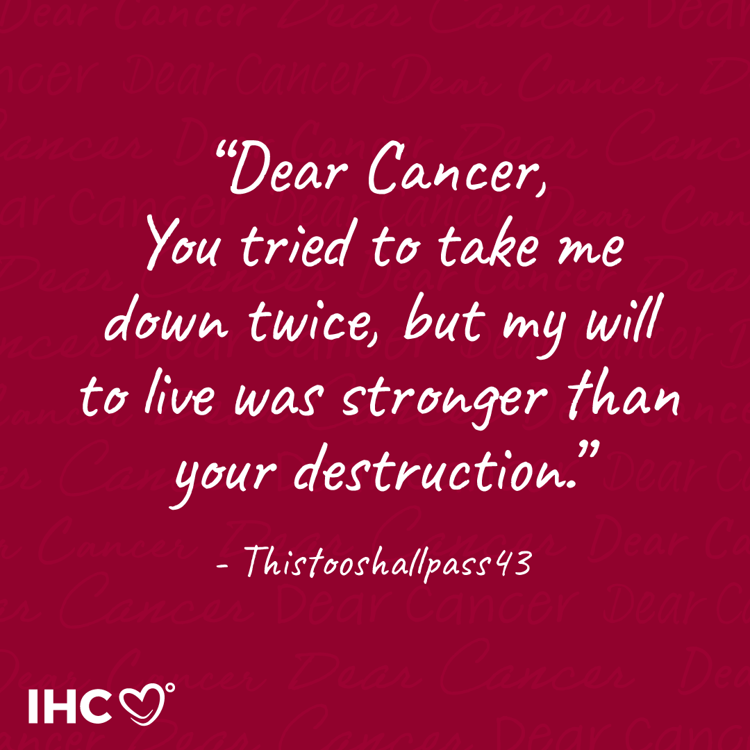 ihadcancer's tweet photo. "Dear Cancer, you tried to take me down twice, but my will to live was stronger than your destruction."
- Thistooshallpass43

What do you have to say to cancer today?

#DearCancer #notsodearcancer #ihadcancer #cancerawareness #IHCFamily #lifebeyondcancer https://t.co/rHm5awYSHs