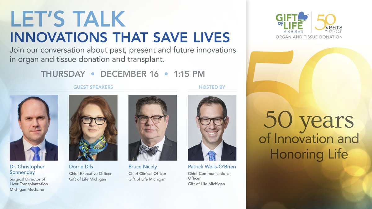 GiftofLifeMich's tweet photo. Join us LIVE on Facebook &amp; YouTube at 1:15 to talk about the past 50 years of organ donation/transplant and innovations to come! Special guest: Dr. Chris Sonnenday from @umichmedicine.

#DonateLife #TransplantTwitter #MedTwitter https://t.co/ND7xOwhfGe