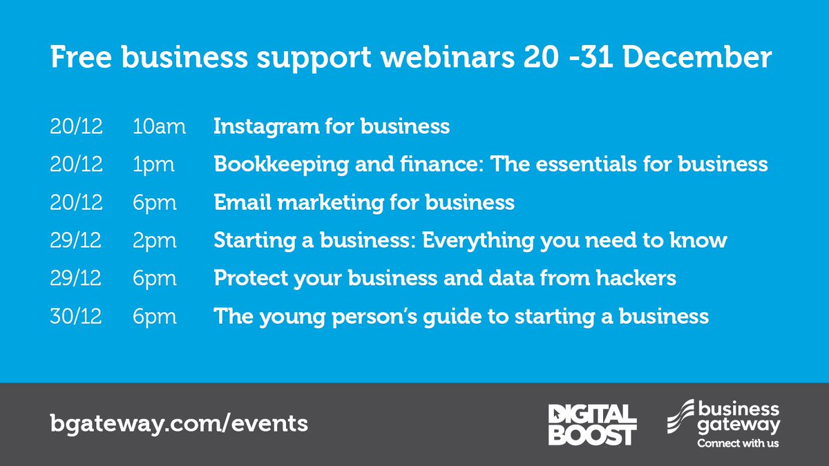 Whatever stage your #business or business idea is at, our #webinars can help you and your team learn new skills, network, and find key resources and support. Find out what's coming up between 20 - 31 December below, and book your space today 💻 ➡️ ow.ly/pPxC50HbOZ7