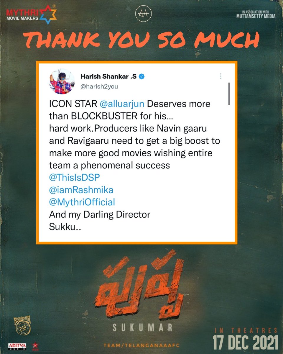 TelanganaAAFc's tweet photo. Thank you so much @harish2you Garu ❤

@PushpaMovie @AlluArjun
#Pushpa  #PushpaTheRiseFromTMRW https://t.co/dagcTaosRJ