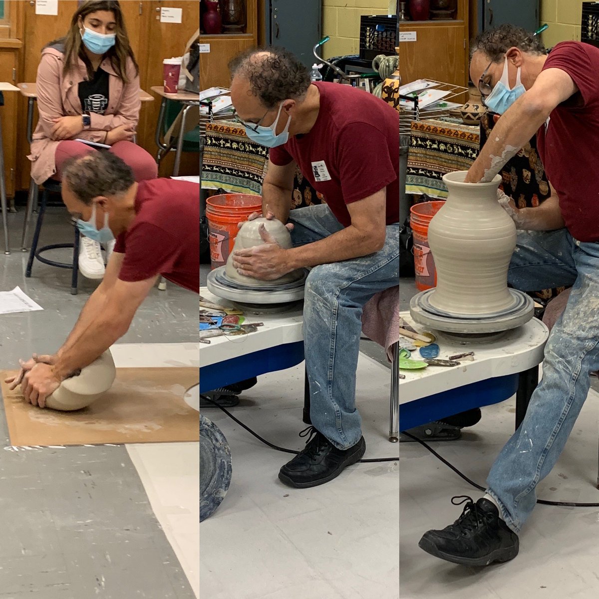 HarborfieldsArt's tweet photo. Students participated in a Ceramics demonstration by master ceramicist Cliff Mendelson and learned how to use the wheel to make their own pots. @HarborfieldsArt @HarborfieldsCSD @HarborfieldsHS https://t.co/9dX5MjEz8T