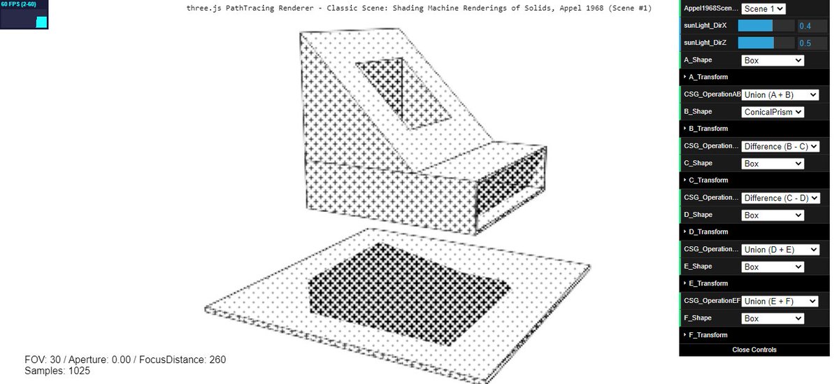 ErichLoftis's tweet image. My homage to Arthur Appel&apos;s first RayTracer. This new demo lets you literally jump into his 1968 research paper and experience Arthur&apos;s groundbreaking techniques of per-pixel raycasting/shadow rays. Scenes that took minutes now run at 60fps on your phone!  erichlof.github.io/THREE.js-PathT…