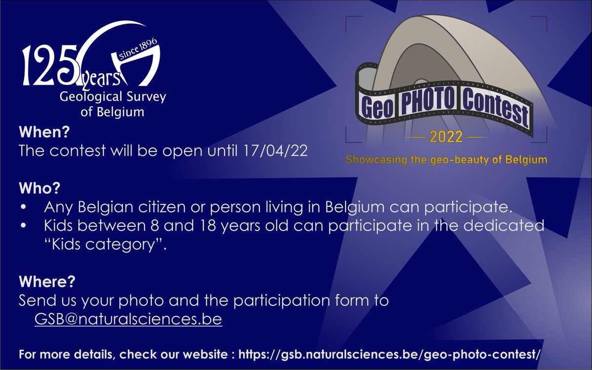GSBelgium's tweet photo. Geoscientists use photography to capture important information in the field. To celebrate 125 years of the GSB, we are launching the #GSB125GeoPHOTOcontest! Share with us your most inspiring field photos and compete for the golden prize 🏆⚒️
All info on https://t.co/SVTS3XPjve https://t.co/rEdI5NIjLp