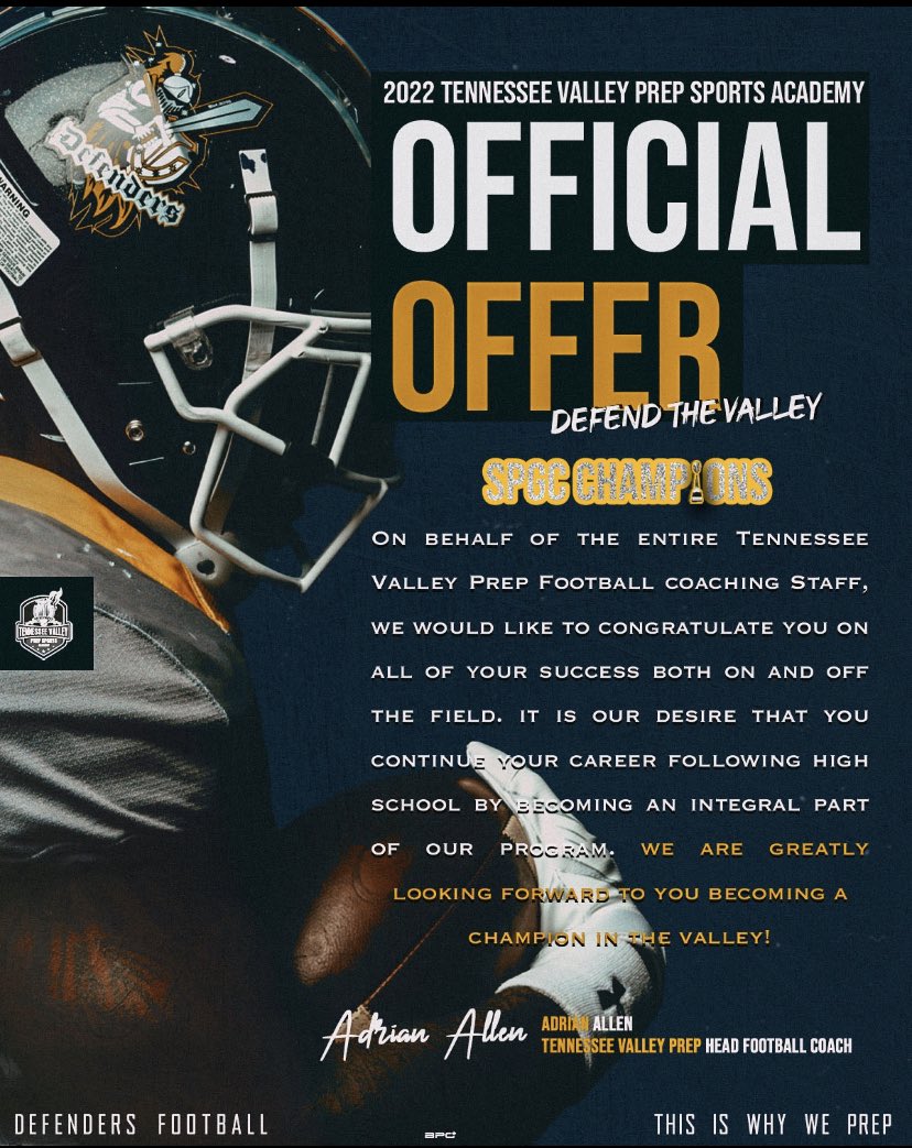 EzekialGideon's tweet photo. Blessed to receive an offer to play at Tennessee Valley Prep @RduttonRich @AdrianA14341147 @JCFB_Recruiting @JCJetsFootball https://t.co/x8Gu0vP4Q3