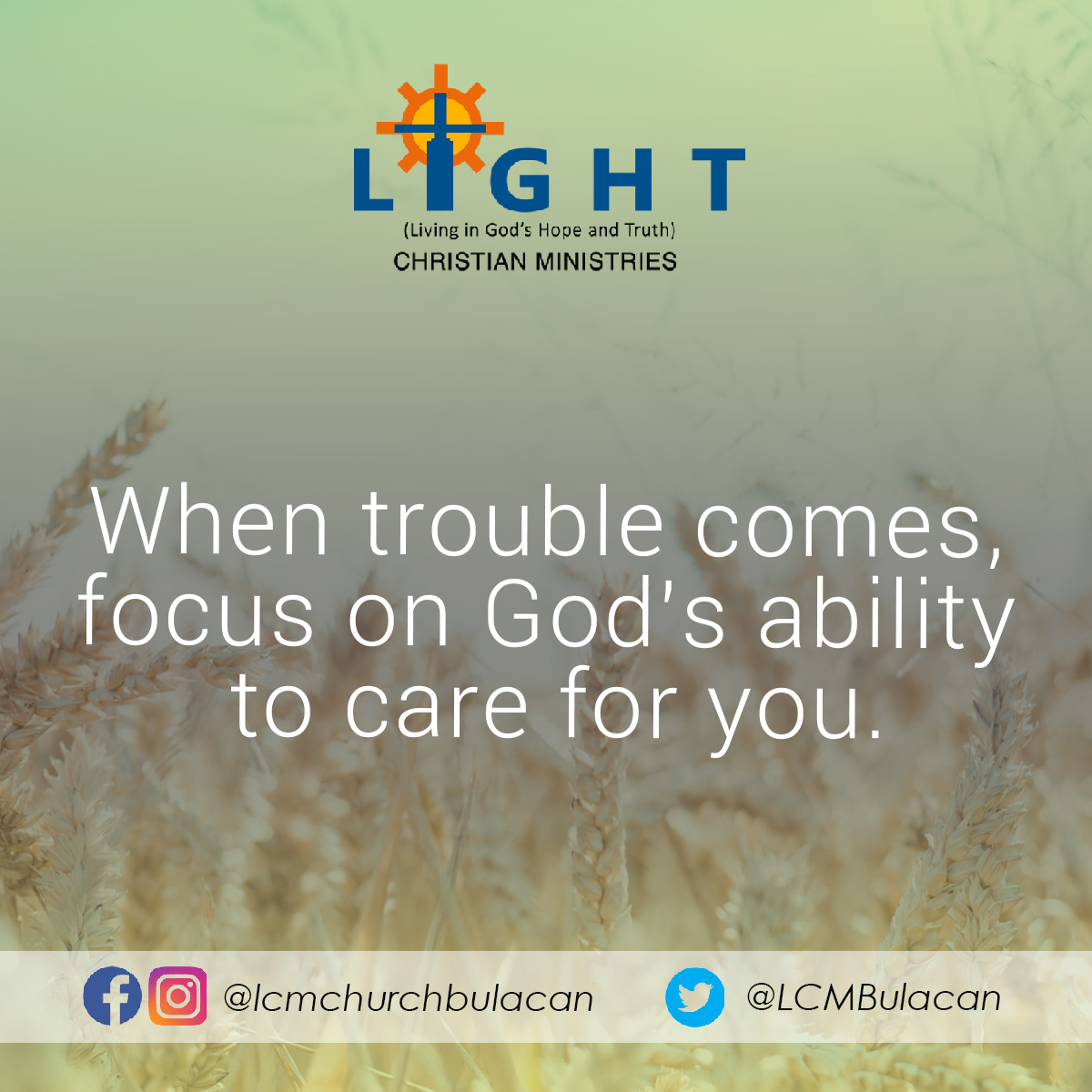 LCMBulacan's tweet photo. Problema lang yan. Mag focus ka sa kakayahan ng ating Panginoon dahil walang imposible sa Kanya.

#ShareandCare https://t.co/aFaNz5Sppu