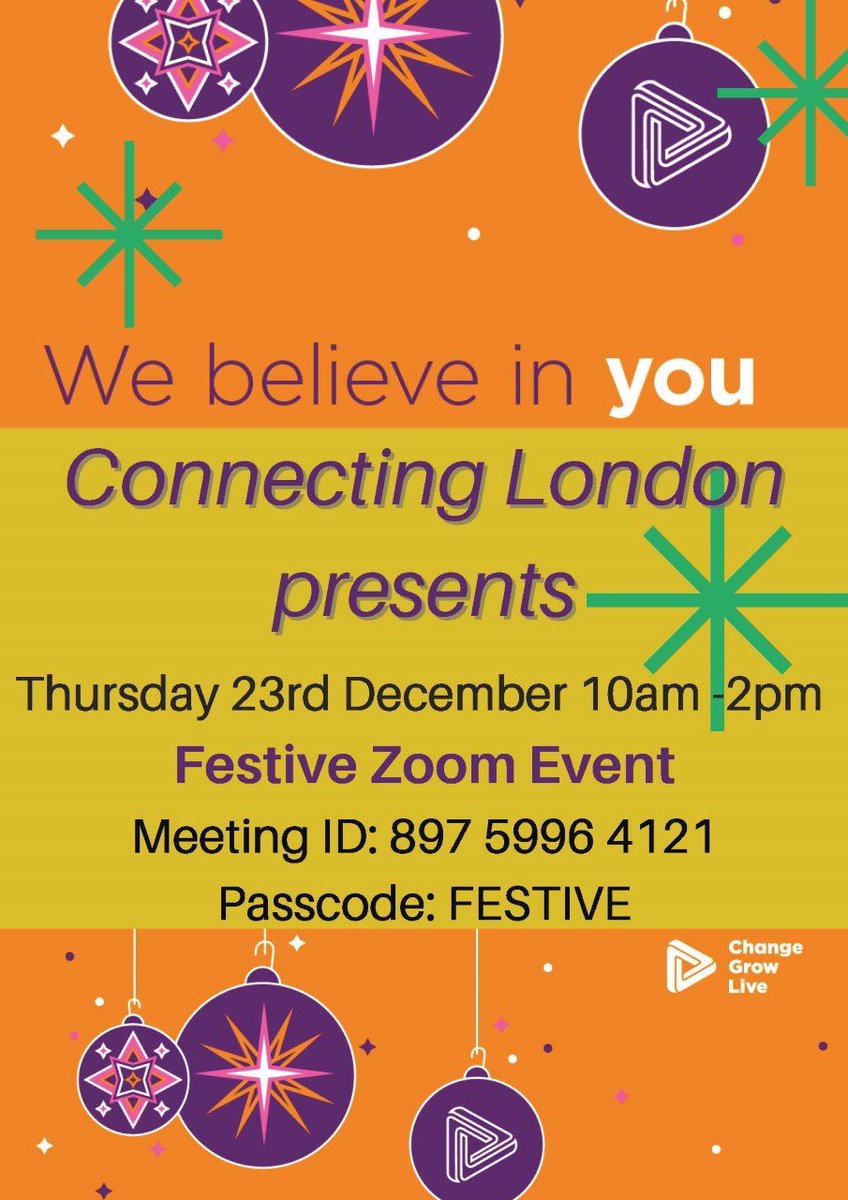 CGLinWF's tweet photo. You are invited to CGL's Connecting London - Festive Zoom Event next Thurs 23rd Dec from 10am-2pm. 
Various contributions from service users, volunteers and staff with lots of festive fun on the day! You would be bah humbug to miss it! 🎅🎉🎄 https://t.co/vqTaOvaUNX