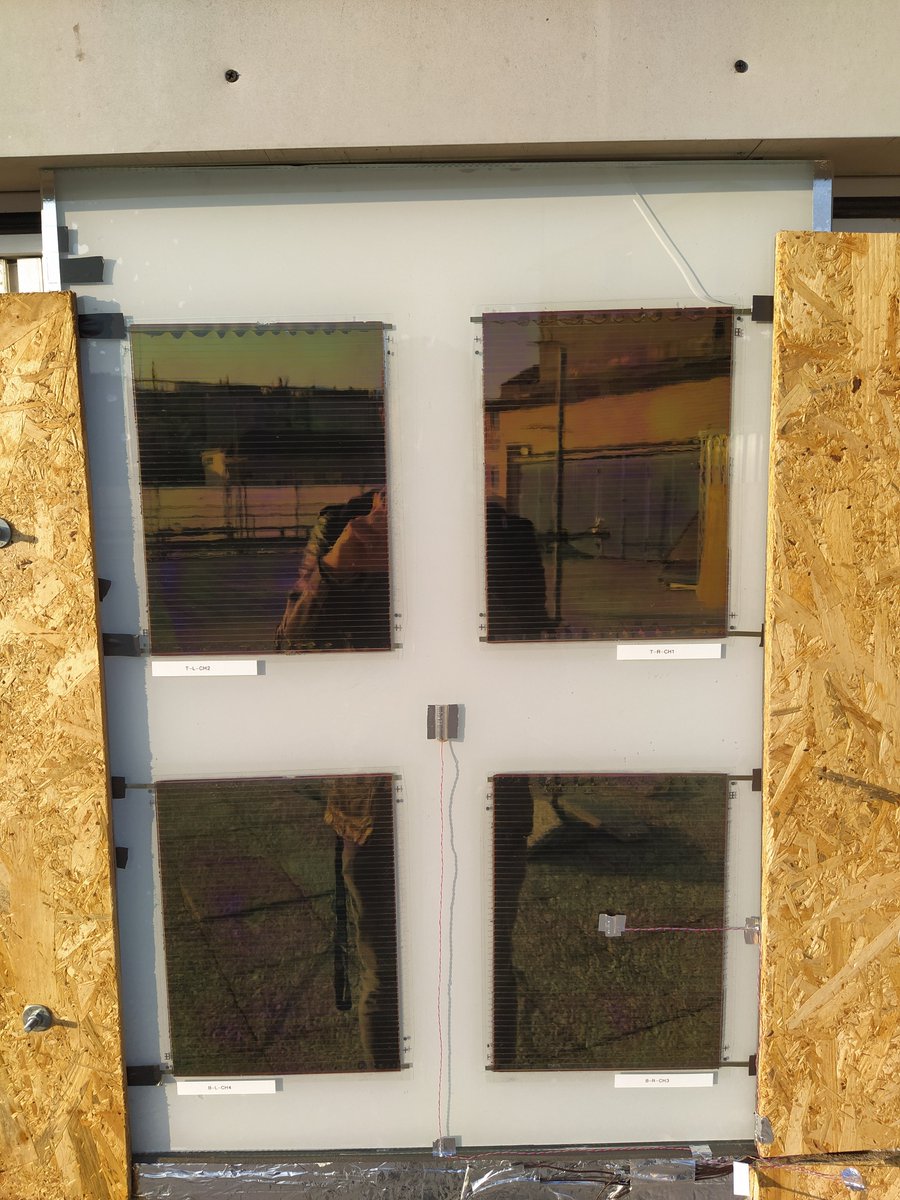 PowerskinPlus's tweet photo. The first #Powerskinplus small scale mock-up has been installed in Politecnico di Torino (@PoliTOnews). The system integrates transparent (microfluidic glass), opaque (PV, PCM, VIP) sub-modules and will be monitored from autumn 2021 to summer 2022. https://t.co/rqoc6m41F9