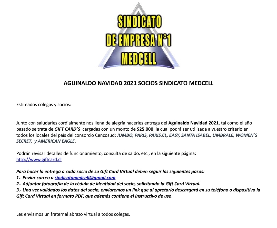 Para todos nuestros socios del Síndicato Medcell Aguinaldo Navidad 2021 🎁