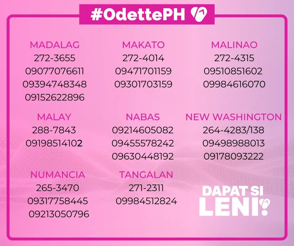 To all Aklanons, please take note of the followong emergency contact numbers. Most of these numbers are of your local MDRRMO.

#OdettePH #DonatePH #TabangVisayas