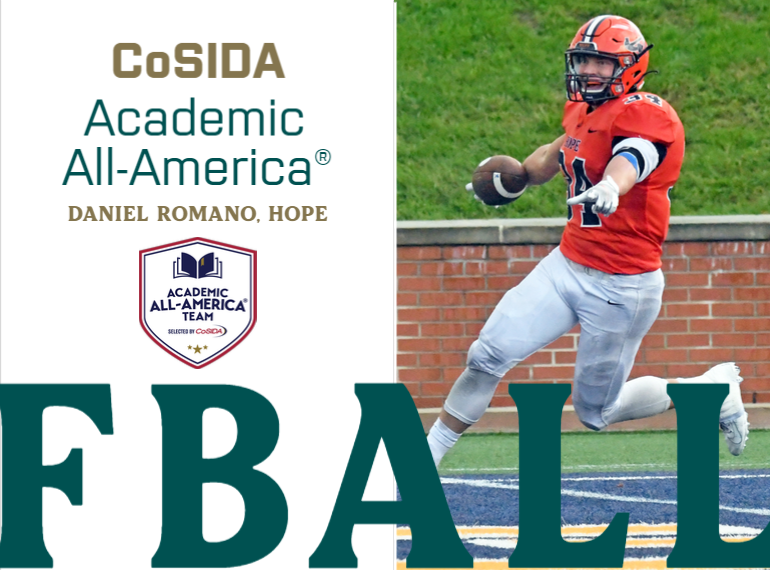 MIAA1888's tweet photo. Junior running back Daniel Romano of @HopeAthletics was named to the Academic All-America® Second Team by @CoSIDAAcadAA. 🏈

READ -- https://t.co/I3ioUvUXcZ

#D3MIAA #MIAAfb https://t.co/1eC2aA6grO