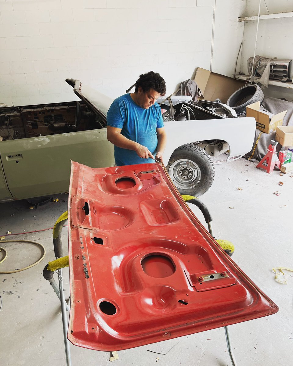VTSVAuto's tweet photo. Restoring American classics back to 💯💯💯 today is the trunk lid of the 1973 caprice convertible 

@Wilwoodbrakes #classiccar #caprice #impala #chevy #restoration #custom #autobody #vtsvauto https://t.co/LrwuecxRYj