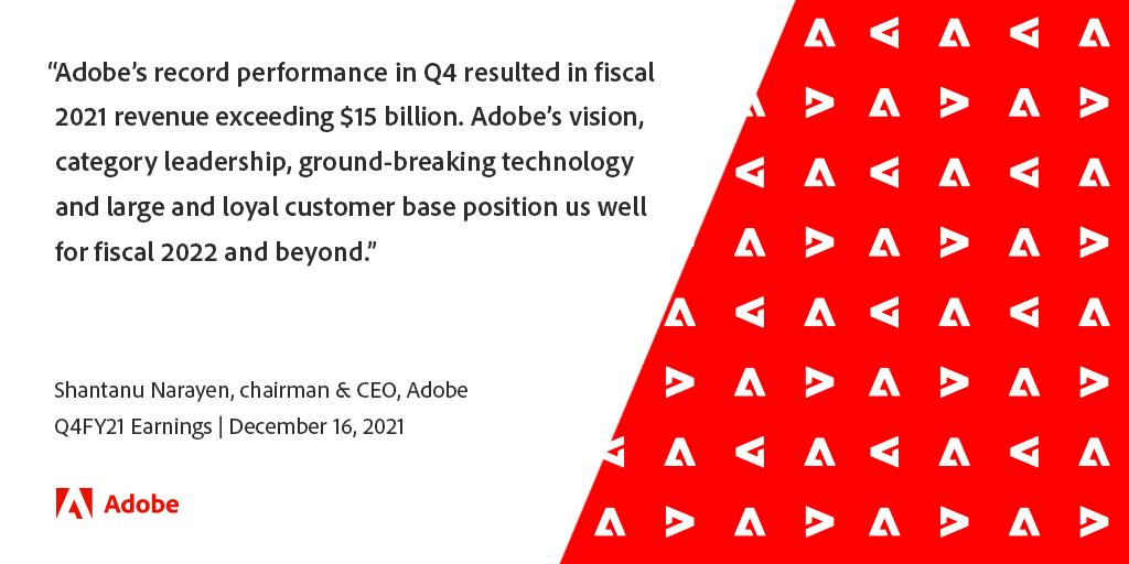 AdobeNews's tweet image. Adobe Reports Record Q4 and Fiscal 2021 Revenue; Company Outlines Strategy for Next Decade of Growth: adobe.ly/3F1qxFq
