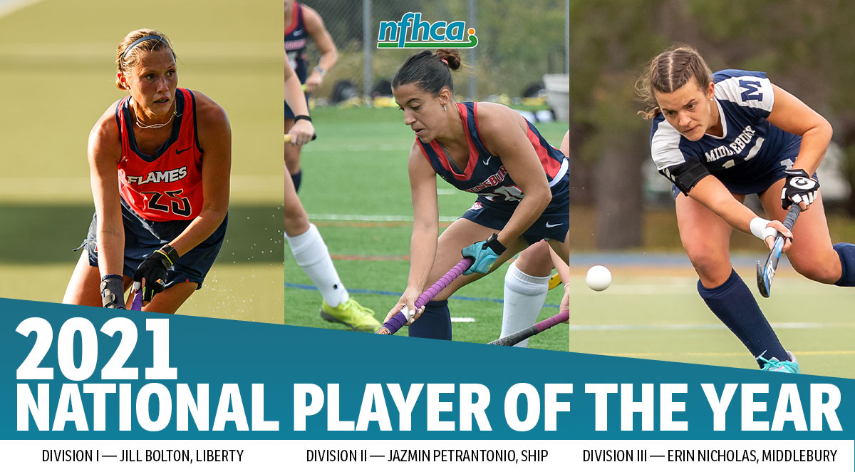 NFHCA's tweet photo. Congratulations to the 2021 NFHCA National Players of the Year!
Division I — Jill Bolton, @LibertyFH 
Division II — Jazmin Petrantonio, @SHIPfieldhockey 
Division III — Erin Nicholas, @MiddleburyFH 

Read more ➡️ https://t.co/pljy3dJPgq https://t.co/SaO5021NTb
