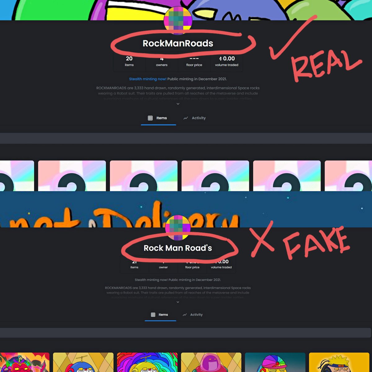 rockmanroads's tweet photo. Nft thief spotted！We found that someone had stolen our promotional nft pictures and open a similar account in opensea.Please be careful to be deceived!

Please only mint your RockManRoads in :
https://t.co/fGomVYbhLB

Real : RockManRoads
Fake : Rock Man Road's
#nfttheif #fakenft https://t.co/ZFxV0Mkdfh