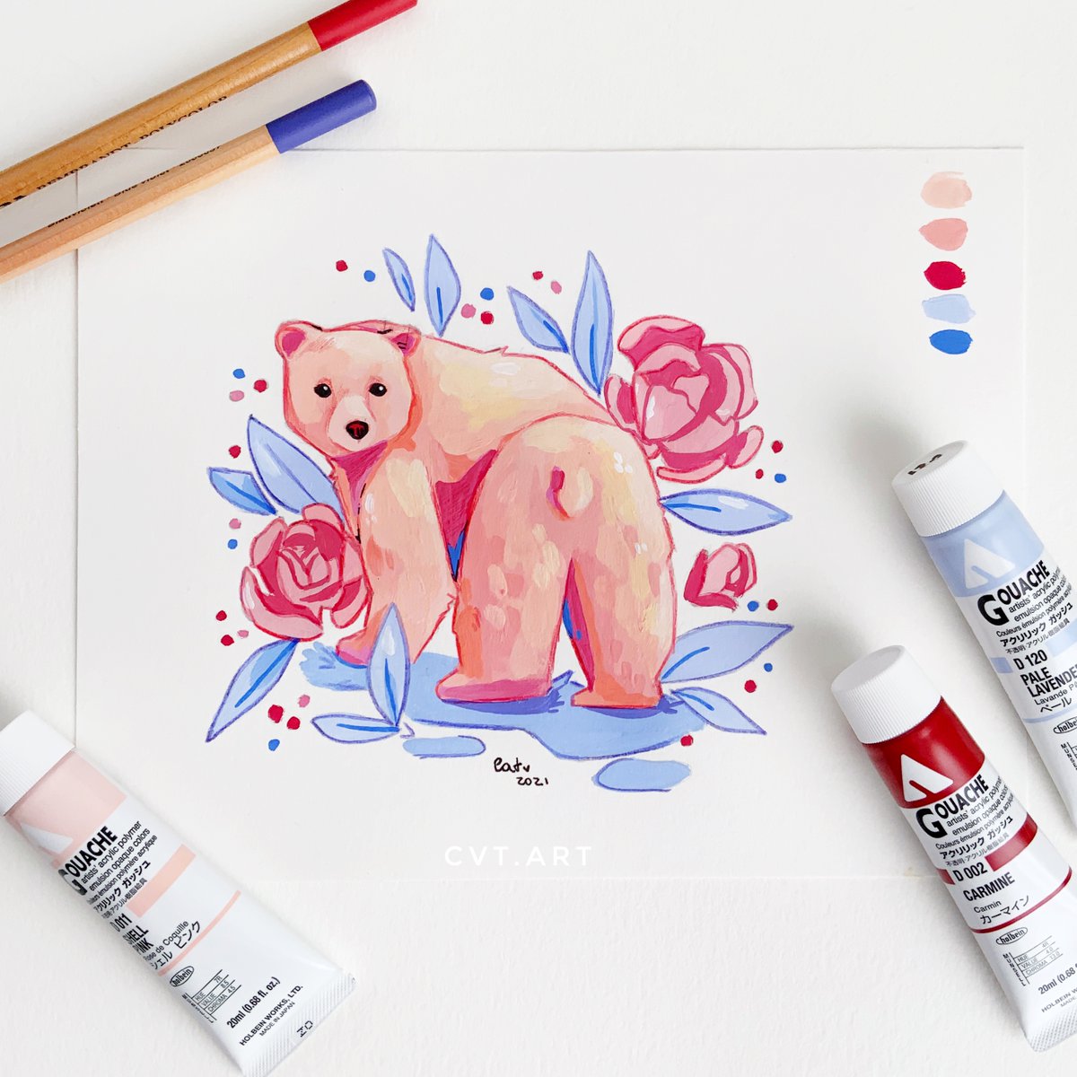 cvt_art's tweet photo. Bear 🐻🍃
~
This is my first time using Holbein gouache and even if it's not perfect I think it's a good first try ☺️

#gouache #art #bear #ArtistOnTwitter #Artist #cute #adorable #animalart #leafs #Flowers #cvtart https://t.co/LctfMlOA1O