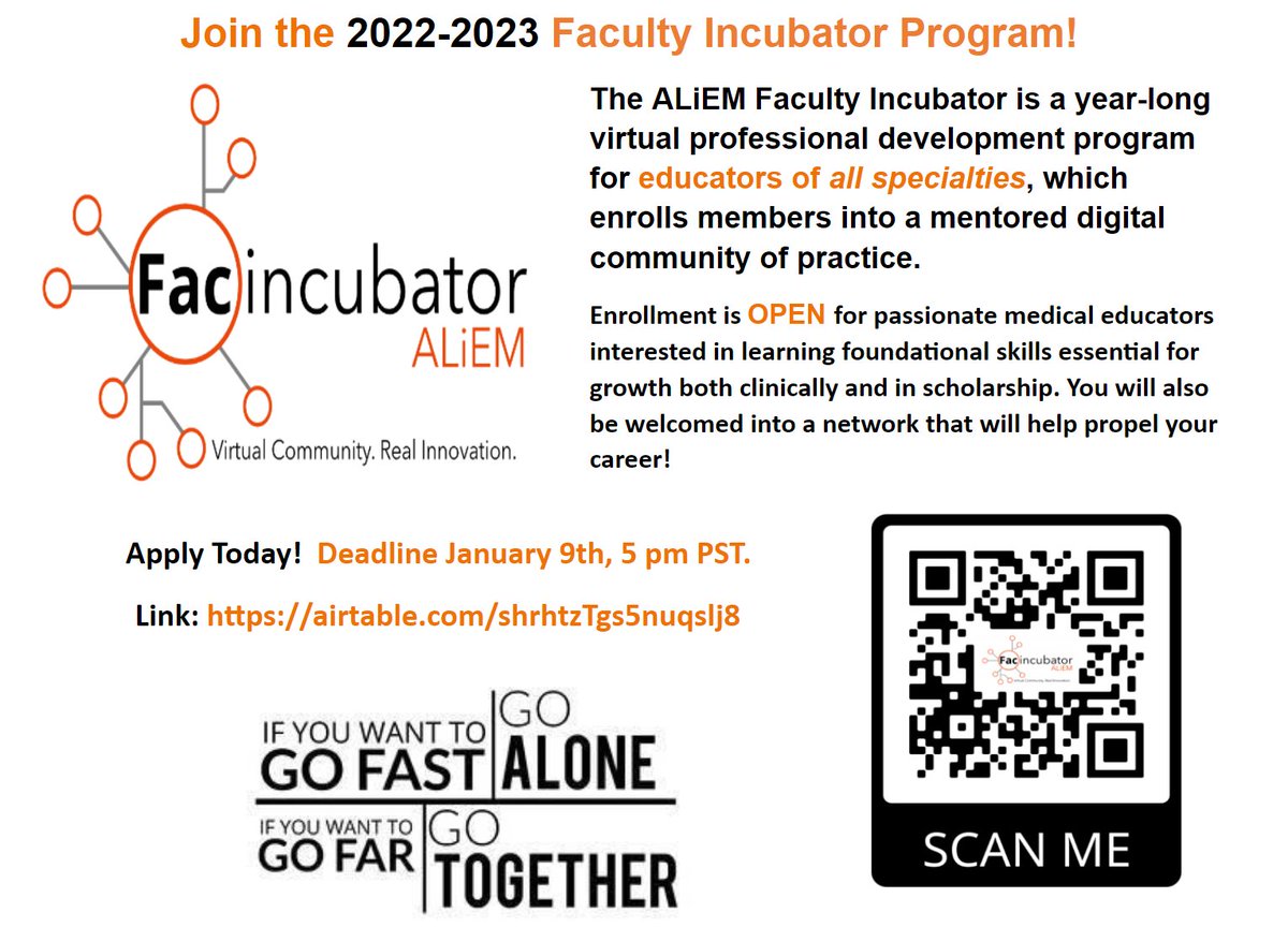 SMKrzyz's tweet photo. Without a doubt, @ALiEMFac was one of the most career-changing experiences of my life. This is a must-do for all budding medical educators looking to build their network, portfolio, and knowledge base.

Apply now! https://t.co/Y1Z5857RRR