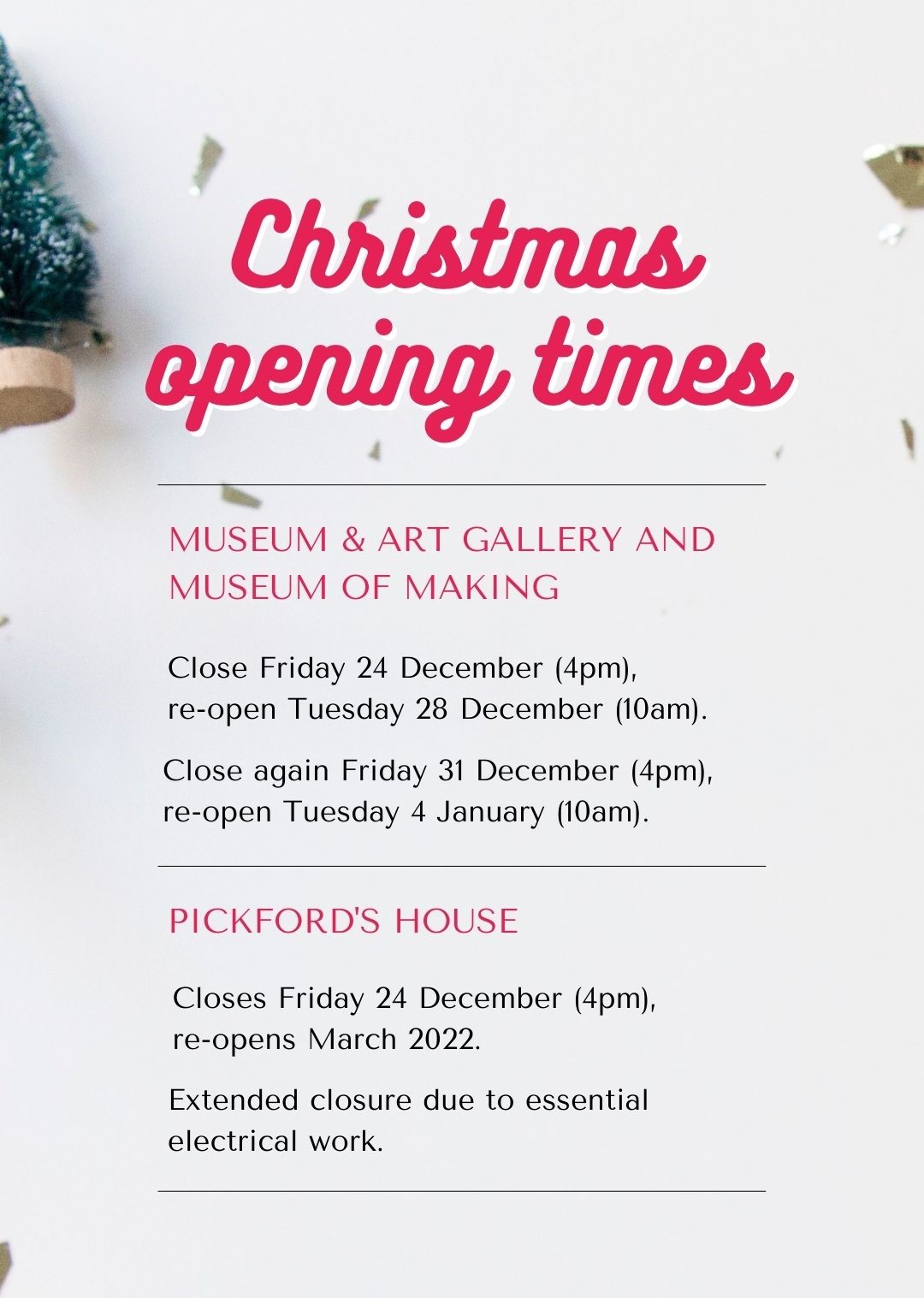 Extended Christmas Hours 2022 Derby Museums On Twitter: "⭐🎄 Christmas Opening Times 🎄⭐ Museum & Art  Gallery/Museum Of Making: Close 24 Dec, Re-Open 28 Dec Close 31 Dec,  Re-Open 4 Jan Pickford's House: Closes 24 Dec,