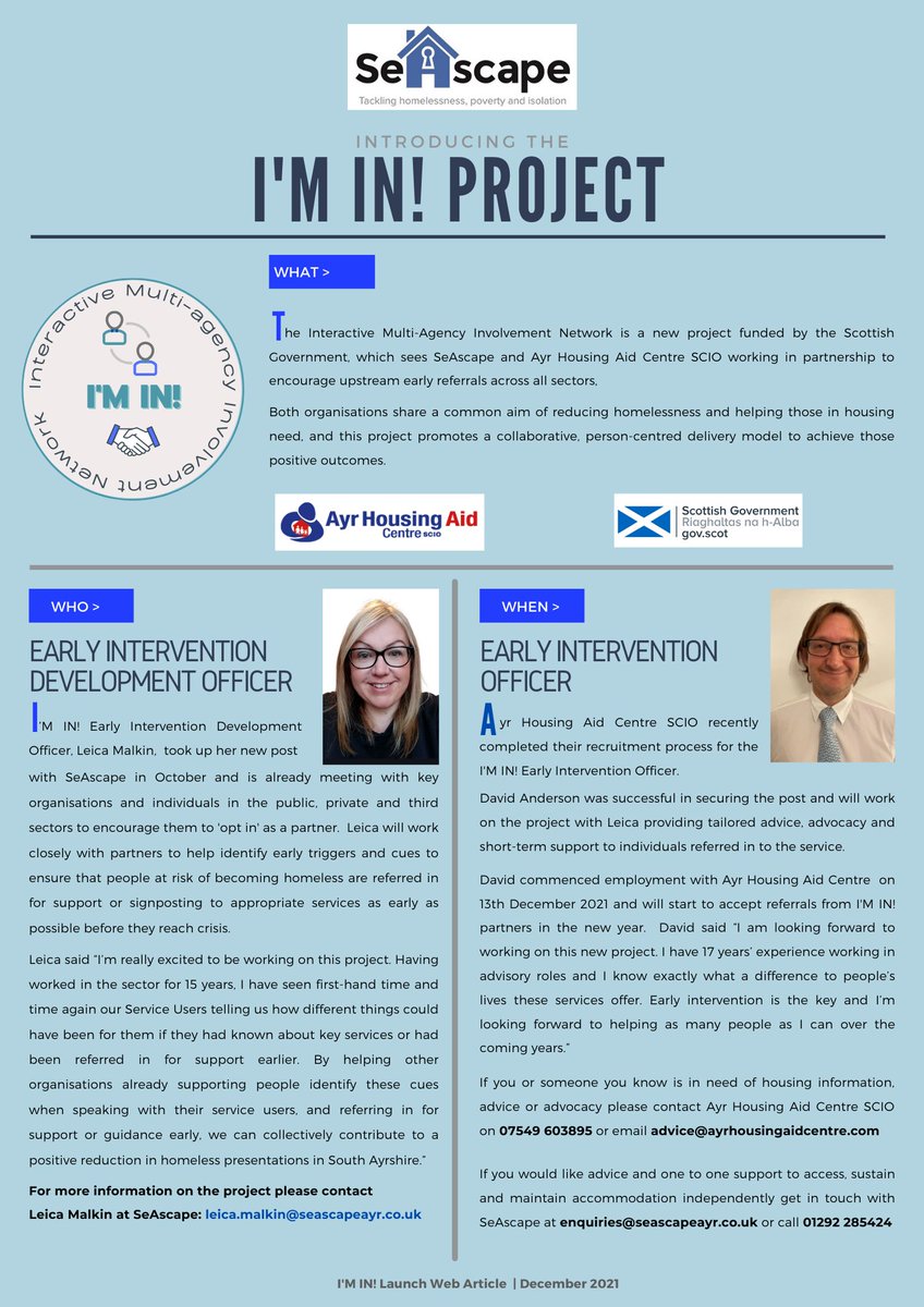 Delighted to introduce our now partnership project in South Ayrshire with Ayr Housing Aid Centre SCIO, I'M IN! focussing on Early Intervention and Homelessness Prevention #endinghomelessness #earlyintervention #Partnerships #Collaboration