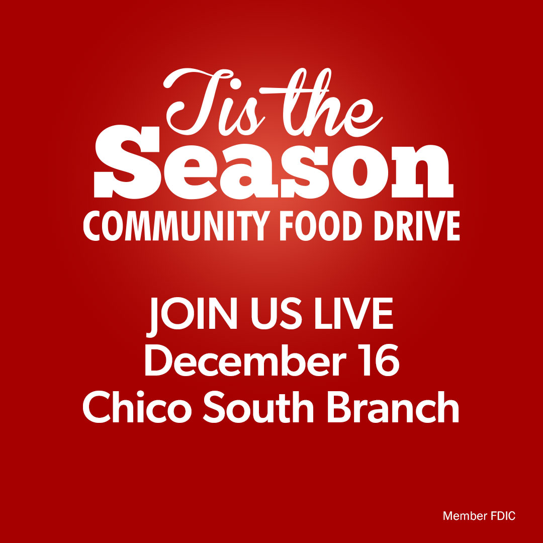 TriCountiesBank's tweet photo. Join us today for our final live-collection event this year for our Tis the Season Food Drive at our Chico South branch on Notre Dame Blvd from 3-7 PM. Donate canned or non-perishable food and receive a personal thank you from our staff and the Salvation Army. #MemberFDIC https://t.co/RyjHyCn4HF