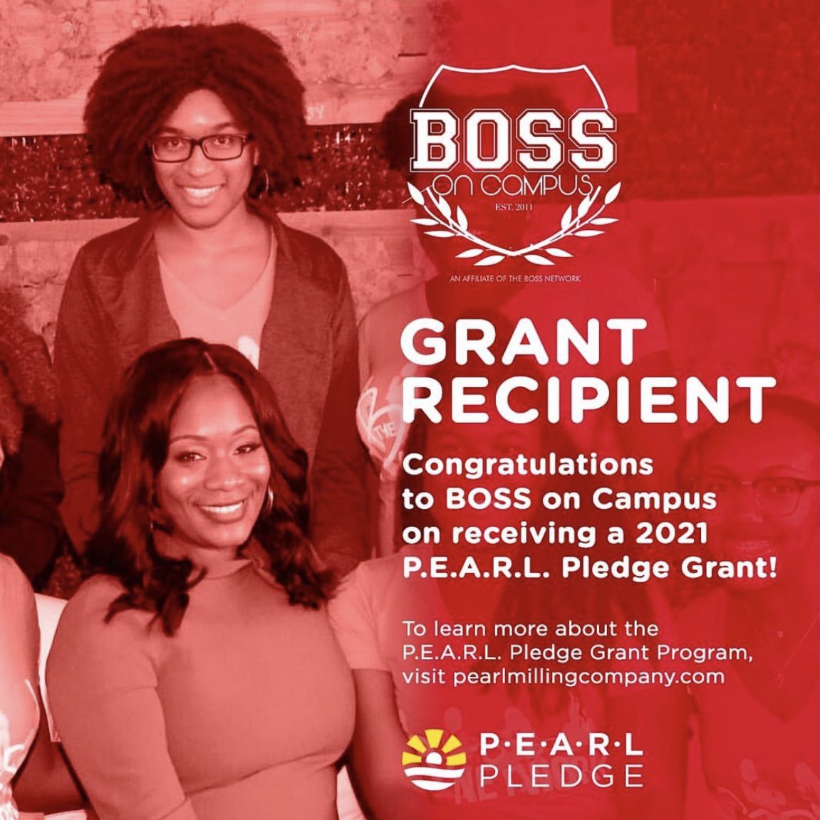 iamCameka's tweet photo. 👏🏾 I’m happy to share that @BOSSOnCampus has been selected to be a @pearlmillingcompany P.E.A.R.L. Pledge 2021 grant recipient! It’s an honor to have our work recognized and to receive the support of P.E.A.R.L. Pledge to continue growing and empowering our community. #PearlPledge https://t.co/3WCf9Ynosz