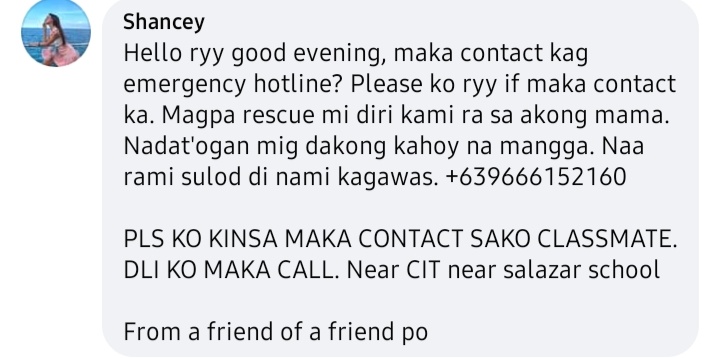 daystarsuk's tweet photo. "magpaparescue kami dito ng mama ko. nadaganan na kami ng malaking puno ng mangga. nasa loob lang kami [ng bahay] at di na kami makalabas"

no exact address but contact number is provided and location is near cebu institute of technology and salazar school #RescuePH #OdettePH https://t.co/nkPXEYtAUi
