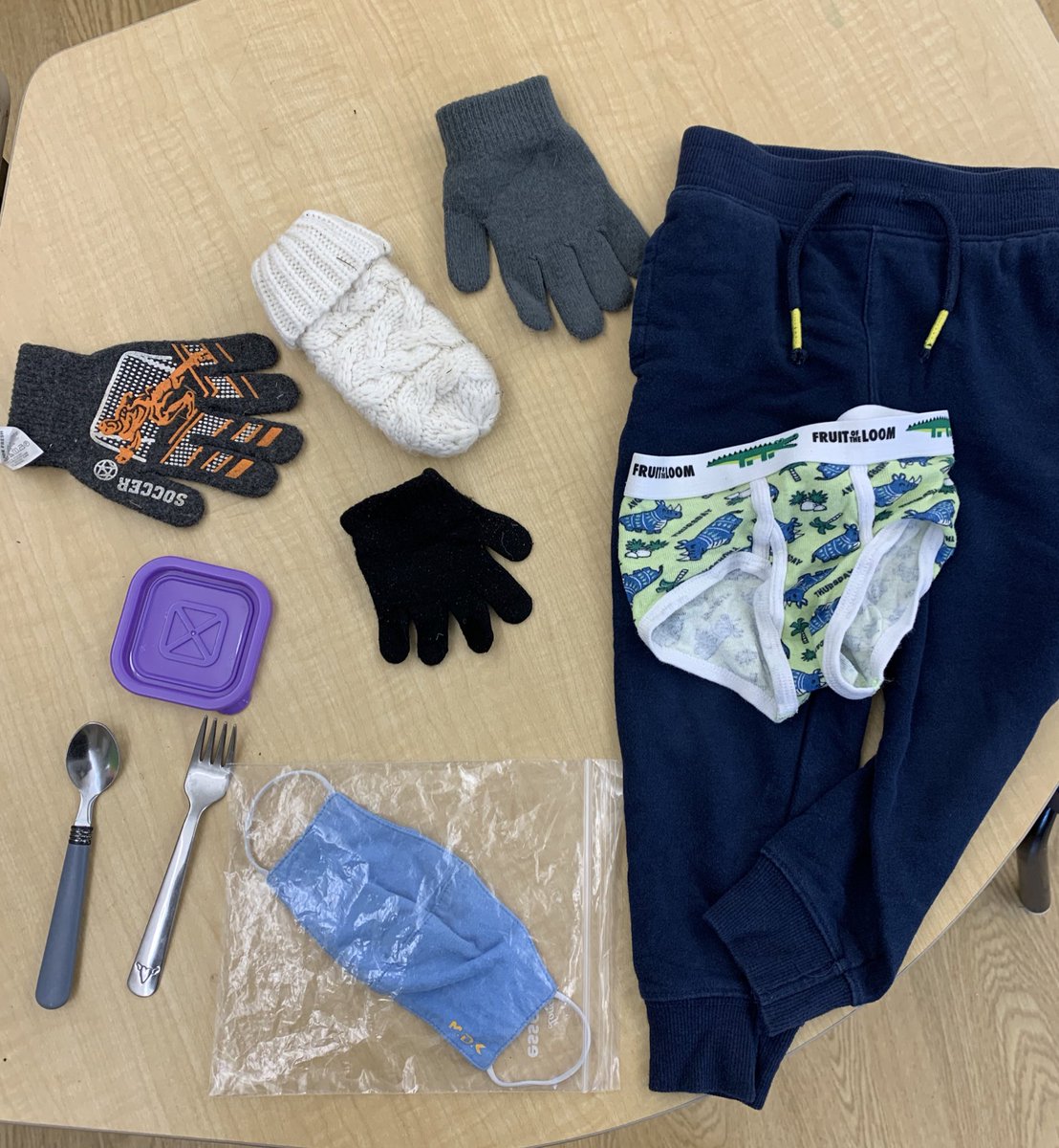 Lost and found items in our class. Please let us know if any of these belong to your child.