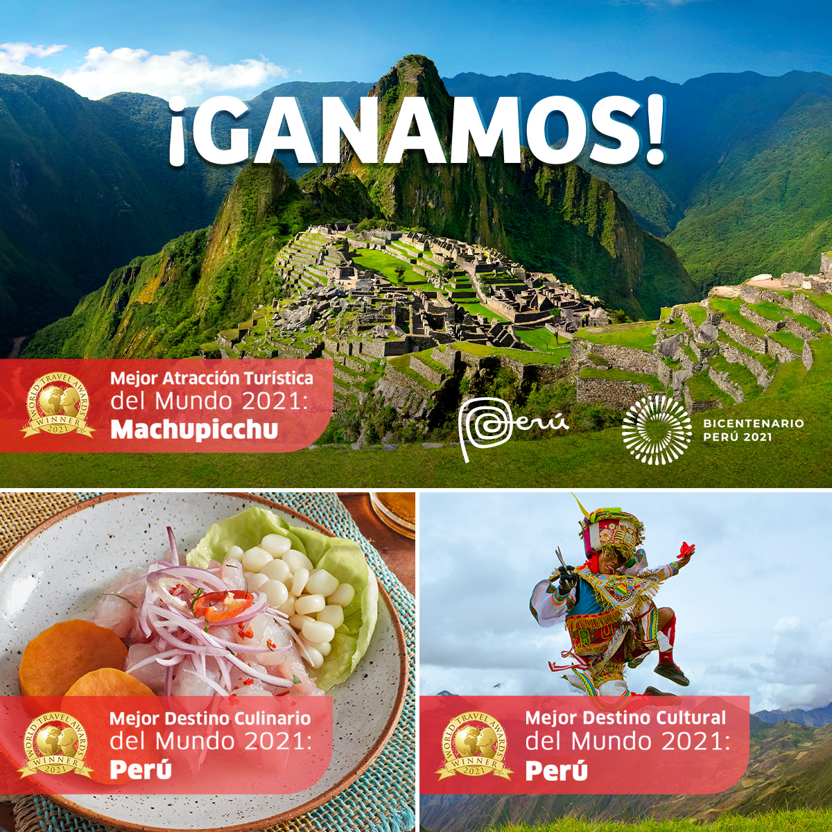¡PERÚ, CON P DE PRIMEROS! 🇵🇪🏅🤩
Cerramos el 2021 con una gran noticia: hemos ganado 3 importantes premios en los #WorldTravelAwards2021 que son motivo de #OrgulloPeruano y nos ubican en la cima a nivel 
turístico y cultural en el mundo. 

#MarcaPerú #OrgulloPeruano