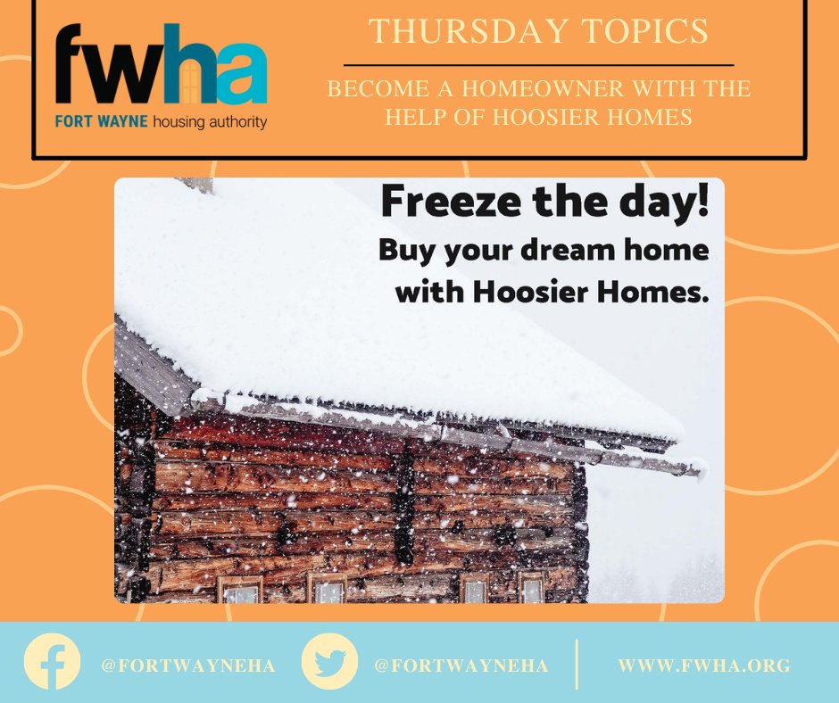 FortWayneHA's tweet photo. #ThursdayTopics: Freeze the day! Become a homeowner with the help of Hoosier Homes. Fort Wayne offers the Hoosier Homes program, a down payment assistance tool for Indiana homebuyers. To learn more, click here: https://t.co/nBaI6oz6KJ
#HoosierHomes #FortWayne https://t.co/07bcbYtXRn