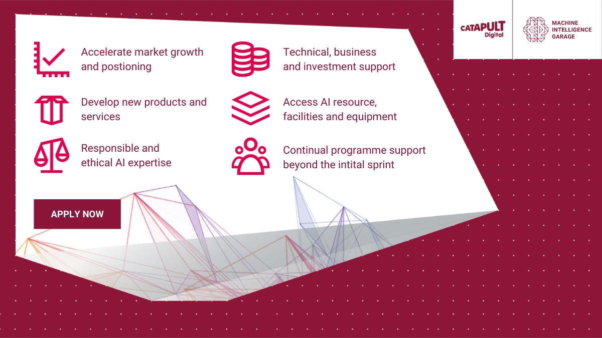 Digital Catapult is proud to be accelerating the UK’s AI &amp; ML startups through Machine Intelligence Garage.

🔄The latest open call for #MIGarage is focused on supporting the manufacturing sector in its transition to net zero.

Apply today: ow.ly/CWfg50H8Xs3