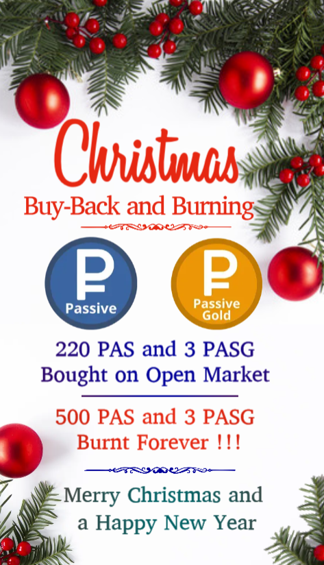 PassiveCoin's tweet photo. 3 Passive Gold and 220 Passive Coin bought on open market as Christmas buy-back. Plus, 3 PASG and 500 PAS Burnt Forever! ETH gas is shock ... but ... enjoy! #passivecoin #lowcapgem #rarecoin https://t.co/HVqKmBD3Ds